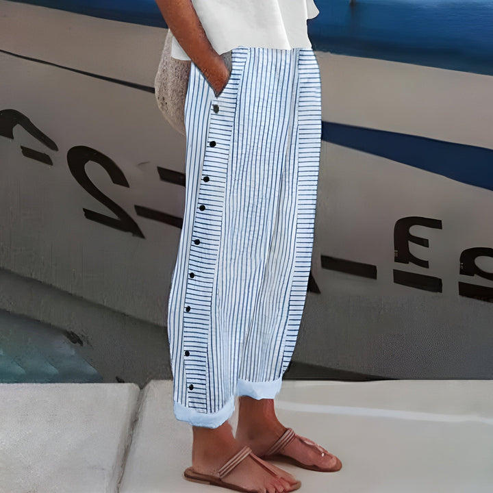 SHIRLEY | STRIPED BUTTON-DETAIL TROUSERS