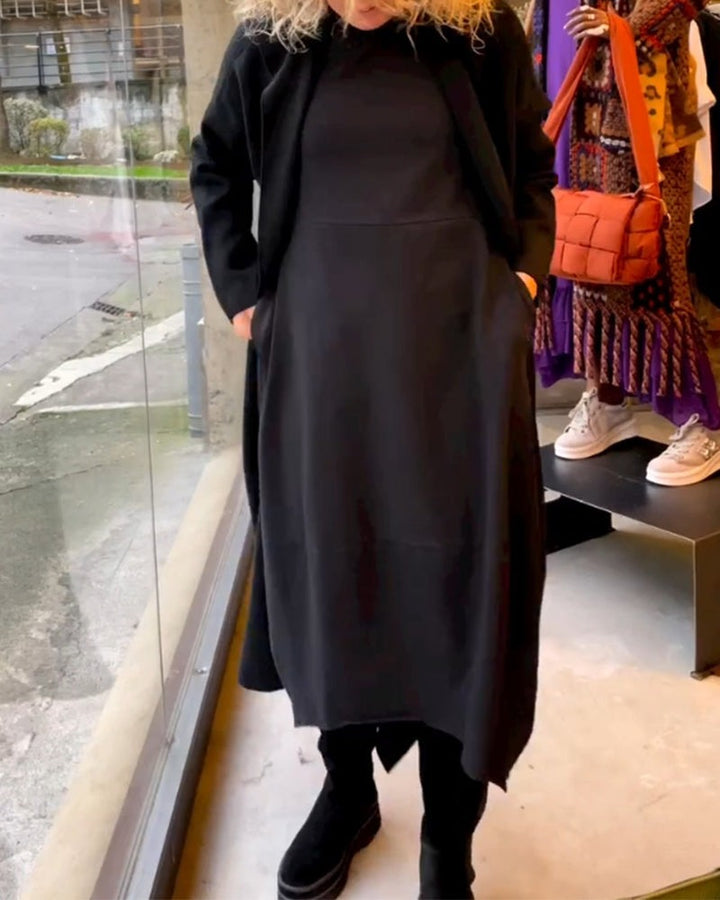 MAEVE | BLACK MIDI DRESS WITH POCKETS